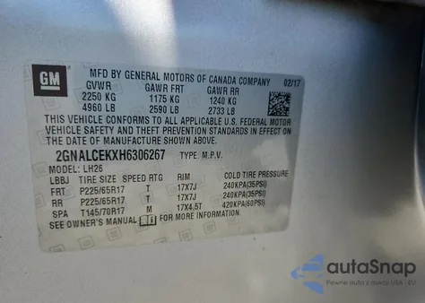 2017 Chevrolet Equinox Lt из США, поврежденный, VIN 2GNALCEKXH6306267